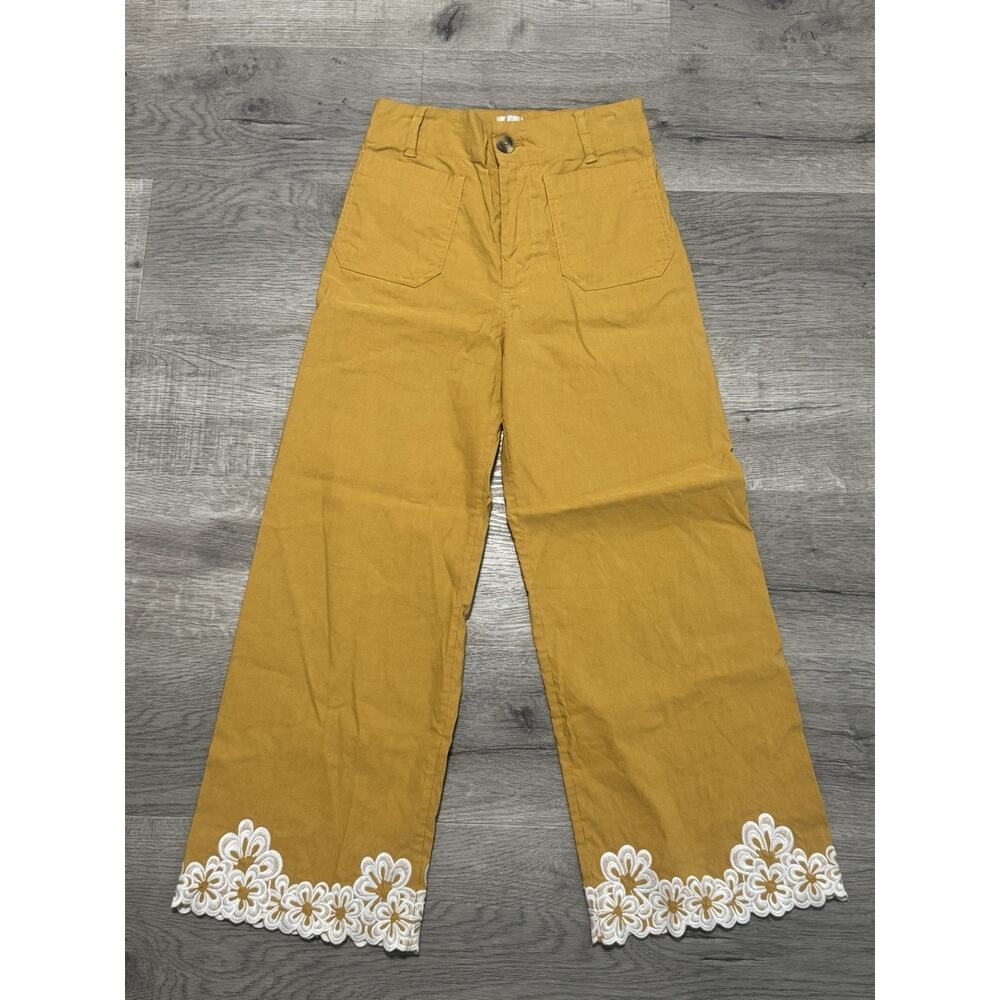 Maeve Colette Pants Floral Embroidered Crop Wide Leg 28 EUC Mustard Gold - Picture 2 of 8